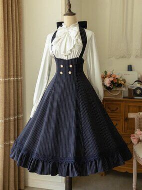 Forest Wardrobe Vintage Lolita Backless Halter Dress Size Large Blue Pinstripes